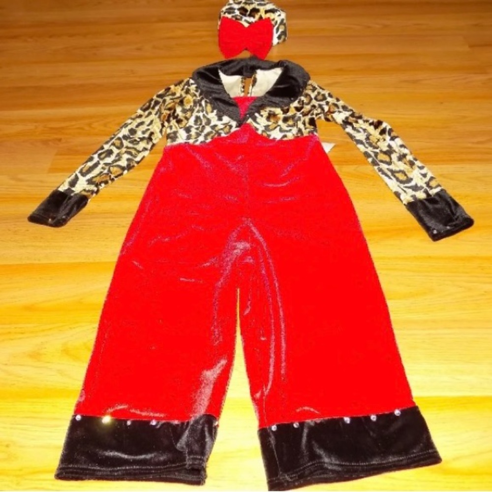 Child Size Medium Art Stone Red Black Cheetah Print Clown Dance Costume w Hat